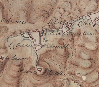 Gironne. Dibuix d'A. Bertau. 1711, detall amb el reducte de la Ciutat