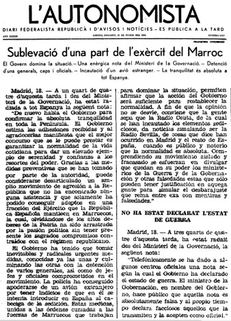 Notícia de la sublevació militar al Marroc. Diari L'Autonomista del 18 de juliol 1936