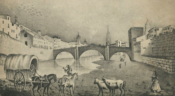 Vista del riu Onyar amb el pont de Sant Francesc a la part central i la torre homònima. A l'esquerra del riu, el campanar de les Bernardes i el de Santa Clara. 1839