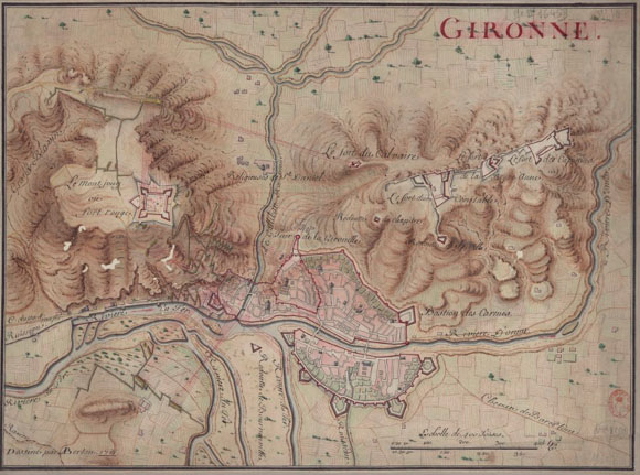 Mapa de Girona on es detalla les trinxeres i bateries borbòniques durant el setge a la ciutat. A. Bertau. 1711