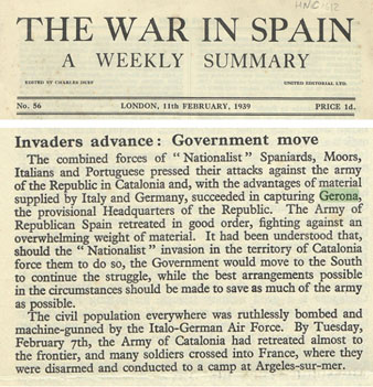 Notícia de l'entrada de les tropes nacionals a Girona