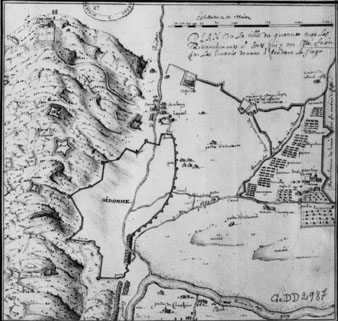 Detall de 'Carte manuscrite des environs de Gironne avec le plan de la ville. 1600-1699'