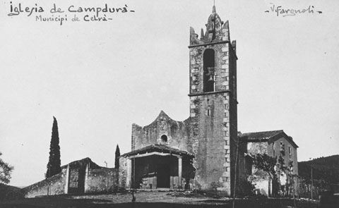 Església de Sant Jaume de Campdorà. Vista de la façana i del campanar. 1911-1936