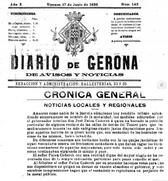 Premsa. Tancament dels bordells de les 'calles de detrás del Teatro'. Diario de Gerona, 17 de juny de 1898