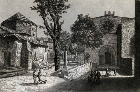 Vista del monestir de Sant Pere de Galligants i l'església de Sant Nicolau. 1842