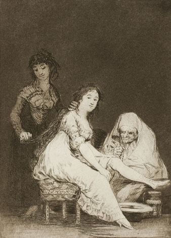Gravat de la sèrie 'Los Caprichos' de Goya. 'Ruega por ella' representa una prostituta i la seva alcavota. 1799
