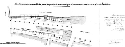 Plànol de les principals reformes que es volien realitzar a les Voltes dels Esparters, com la construcció de diversos punts de venda i noves alineacions de les façanes del pòrtic. També s’hi inclogué l’enderroc d’un tram de la muralla antiga així com d’una part del nou mur construït recentment per tal de situar-hi una escala per accedir a l’Areny. 10 de juliol de 1869