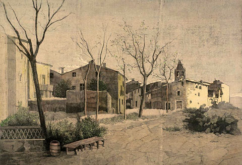 Vista de Santa Eugènia. A la dreta, s'observa el campanar de l'església, cremada el 1936 i enderrocada posteriorment. A la dreta, el mas de Can Dositeu. 1876