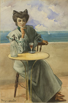 Dona a la terrassa d'un cafè. Josep Berga i Boada (1872-1923). Aquarel·la