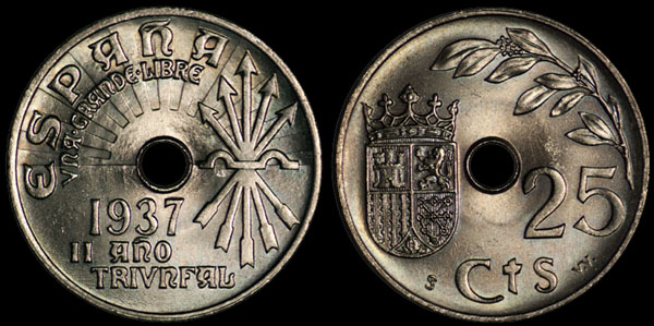 Moneda de 25 cèntims de pesseta emesa el 1937