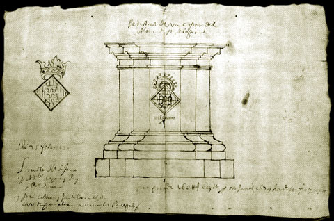 Traça del pedestal del retaule de Sant Sebastià i Santa Caterina, Jaume Buixó i Josep Cisterna. 1679