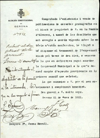 21 de març de 1923. Acta de clausura temporal del quiosc de Joana Marull, situat a la Rambla de la Llibertat de Girona, per vendre publicacions de caràcter pornogràfic