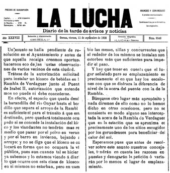 Article publicat al diari 'La Lucha' oposant-se a la instal·lació d'un quiosc de begudes a la Rambla Verdaguer