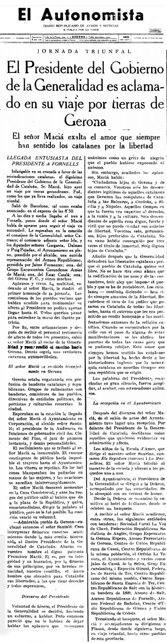 Notícia de la visita del President Macià a Girona publicada a 'El Autonomista' del 22 de juny de 1931