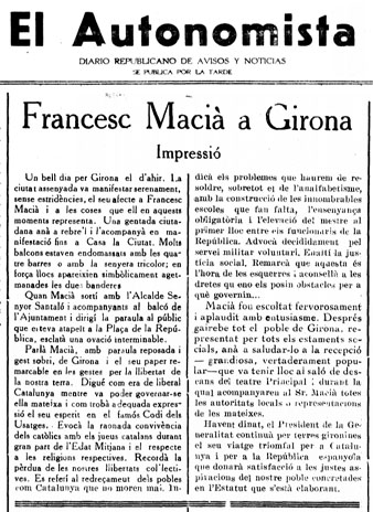 Crònica de la visita del President Macià a Girona publicada a 'El Autonomista' del 22 de juny de 1931