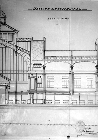 Secció longitudinal del Mercat, segons el projecte elaborat per l'arquitecte Maggioni. 1929