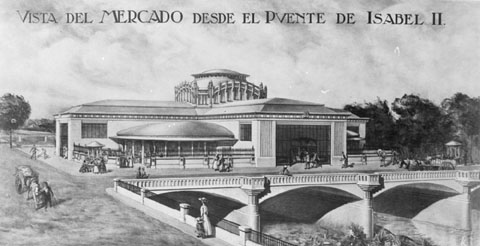 Projecte de Mercat sobre la plataforma de l'Onyar, posteriorment plaça Catalunya elaborat per Maggioni el 1929. Vista des del pont de Pedra.
