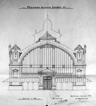 Plànol de la façana del mercat municipal,  vista des del pont d'Isabel II, elaborat per l'arquitecte Maggioni. 1929
