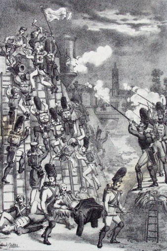 Los franceses intentan asaltar la ciudad de Gerona y son rechazados en el baluarte de Santa Clara. Gravat de 1861