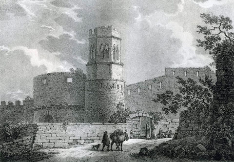 El monestir de Sant Pere de Galligants i el portal de Sant Pere o Sant Daniel, amb el tambor. S'observa la torre octogonal del campanar amb els merlets malmenats possiblement a causa dels atacs produts als setges de la Guerra del Francès a la ciutat de Girona. 1824