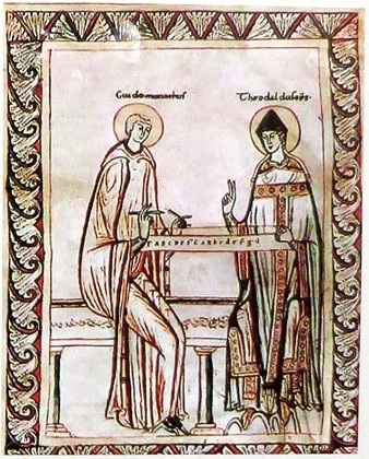 Guido de Arezzo mostra el Monocordi al bisbe Teobaldo. Segle XI