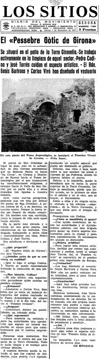 Entrevista a Josep Tarrés i Pere Codina sobre els preparatius de 'El Pessebre gòtic'. Diari Los Sitios, 7 de desembre de 1967