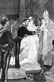 Casament d'Alfons XII i  Maria de la Mercè d'Orleans, el 23 de gener de 1878. Le Monde Illustré. La inauguració de l'enllaç de la lnia ferroviària Girona-Figueres amb Portbou es va fer coincidir amb el seu casament