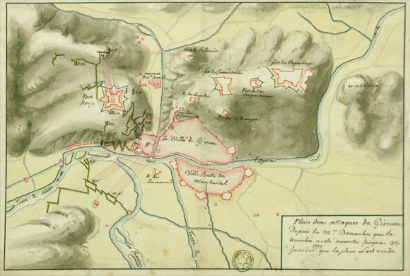Plan des attaques de Gironne, depuis le 22 décembre que la tranchée a esté ouverte jusqu'au 23 janvier 1711 que la place s'est rendu