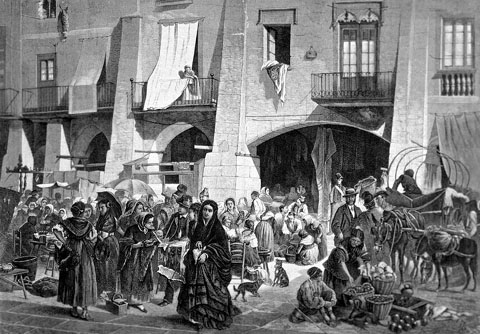 Mercat a la part baixa de la Rambla de la Llibertat. S'observen les voltes i diferents parades. 1870-1872