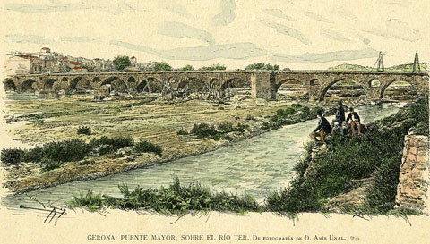 Vista del Pont Major amb les cases del barri al fons. En primer terme, el riu Ter. 1870-1880