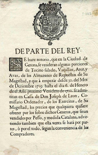 Ban reial que autoritza la venda de determinats aliments, entre altres bacallà. 1719