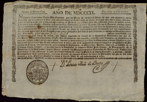 Dispensa eclesiàstica otorgada pel comissari general de la Butlla de la Santa Croada, a favor d'Anton Aulet, per a poder menjar carn i ous per Setmana Santa. 1809