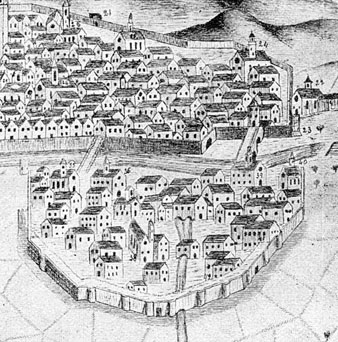 Visió idealitzada de la ciutat de Girona segons un dibuix del segle XIX on destaca la importància del rec Monar al barri del Mercadal