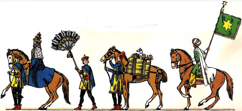 El Rei Gaspar i un patge, un carro dels regals, i l'abanderat del Rei Baltasar. Arribada a Girona de la comitiva dels Tres Reis d'Orient, el 1956. Dibuixos de Joaquim Pla i Dalmau