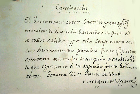 'El Condestable solicita cartuchos'. 21 de juny de 1808