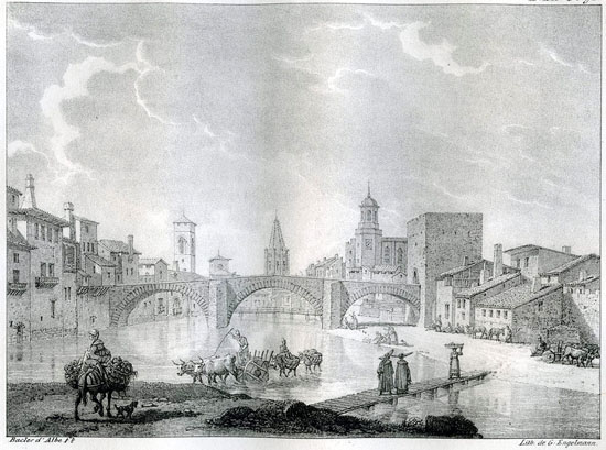 Vista del riu Onyar, amb el pont medieval de Sant Francesc i amb la passera del portal de l'Àngel en primer terme. A l'esquerra del riu, el campanar de les Bernardes i el de Santa Clara. A la dreta, el de Sant Feliu, la Catedral, el baluard de l'Areny i la torre de Sant Francesc. 1824
