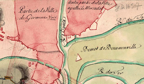 Detall de 'Plan des Attaques et Partie de la Ville de Gironne, 1711'. 1711