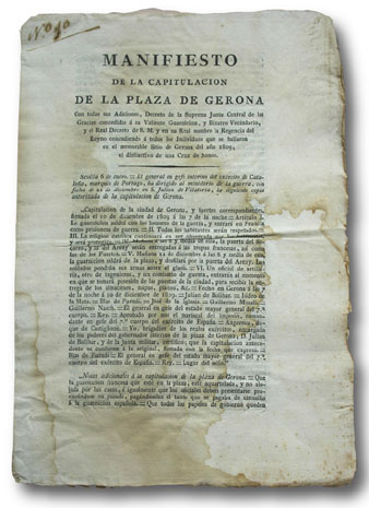 Manifest de la capitulació de
Girona, 1810. Va ser signada a Palau-sacosta, on el general Rey tenia el seu Estat Major del 7è cos de l'exèrcit napoleònic