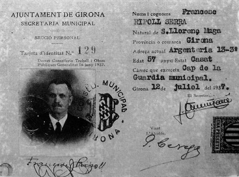 Targeta d'identitat de Francesc Ripoll, cap de la guàrdia nocturna. Juliol de 1937