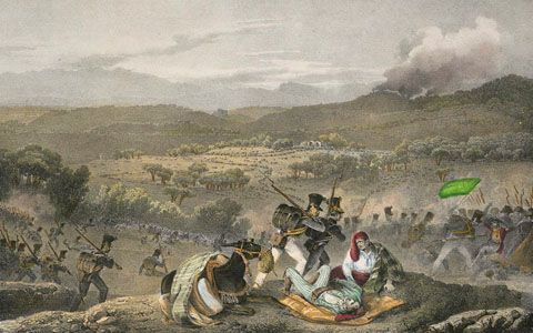 Batalla durant els setges de la Guerra del Francès. S'observen els soldats francesos baixant de la muntanya (Sant Miquel o els Àngels). En segon terme es veu el monestir de Sant Daniel, a la vall, el castell de Montjuïc i una de les torres fumejant. 1826