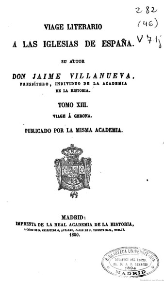 Portada de 'Viage literario á las Iglesias de España', de Jaime Villanueva, on s'esmenta sant Ponç com a bisbe de Girona. 1850