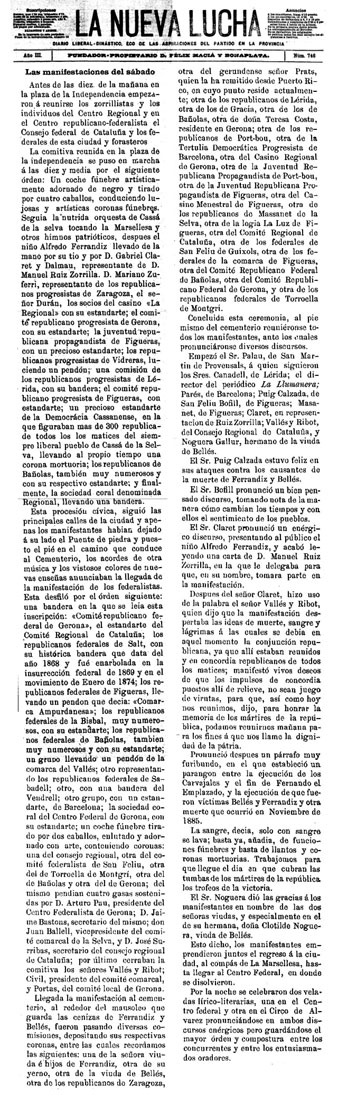 Article publicat al diari 'La Nueva Lucha' del 2 de juliol de 1889 sobre les exèquies fúnebres de Ramon Ferrándiz i Manuel Bellés, afusellats a Girona