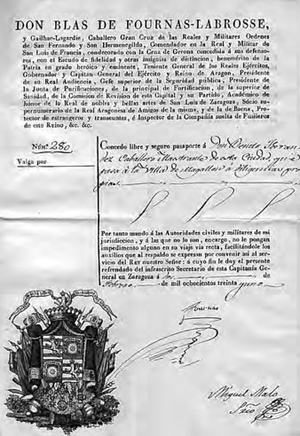 Passaport amb la signatura de Blas de Fournás