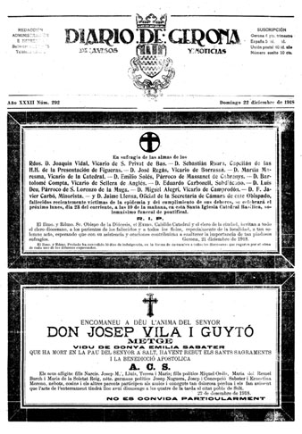 Portada del 'Diario de Gerona de Avisos y Noticias' del 22/12/1918 amb l'esquela on el bisbe, el capítol i tot el clero conviden els fidels a la Catedral per a un solemne funeral pontifical en memòria dels 11 capellans de la diòcesi traspassats durant el pic de lepidèmia