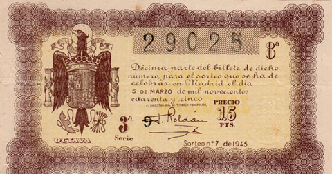 Dècim de la 'Loteria Nacional' del 5 de març de 1945