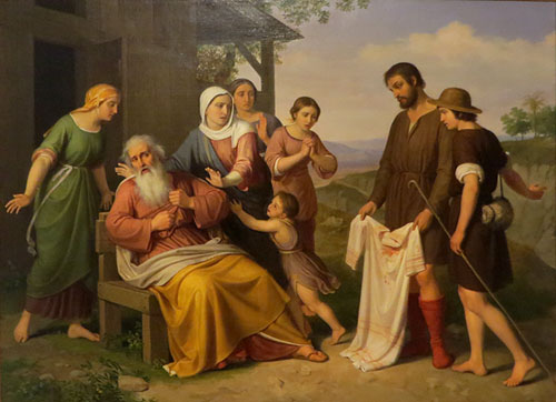 Jacob rep la túnica ensangonada del seu fill Josep. Pelegrí Clavé i Roqué. 1842. Oli sobre tela