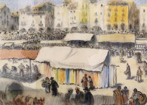 Mercat a Girona. Josep Aguilera i Martí (1882-1955). Carbó i pastel sobre paper