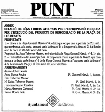 Expropiació forçosa per la remodelació de la plaça publicada al diari El Punt de l'01/03/1989