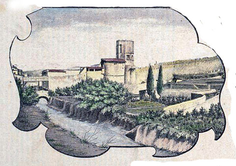 Detall d'una postal on s'observa el sector de muralla a tocar Sant Pere de Galligants amb el pas pel riu. 1890
