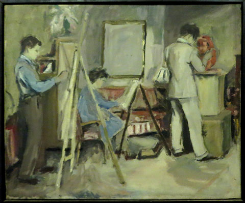Ricard Creus, Esther Boix i Josep M. Subirachs pintant i modelant. Mercè Vallverdú Borràs. Ca. 1947